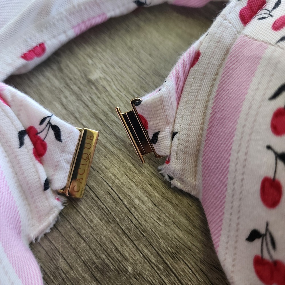 Cacique Front Close Underwire Bra 40DD Pink White Striped Cherry Print Cotton - Picture 5 of 6